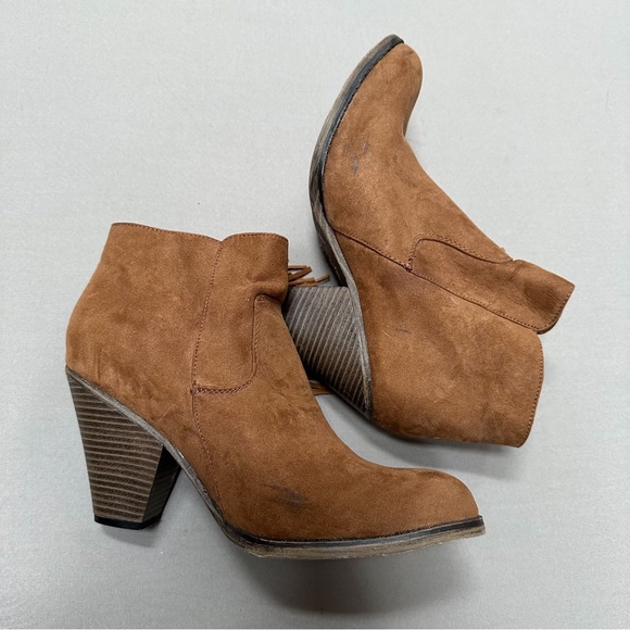 MIA Lissa chestnut brown fringe zipper heeled booties ankle boots, women’s 8.5 - Picture 5 of 10
